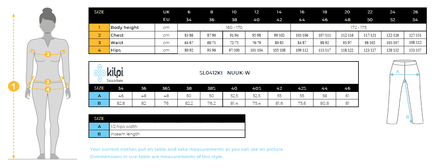 Women's outdoor pants Kilpi NUUK-W – Size chart