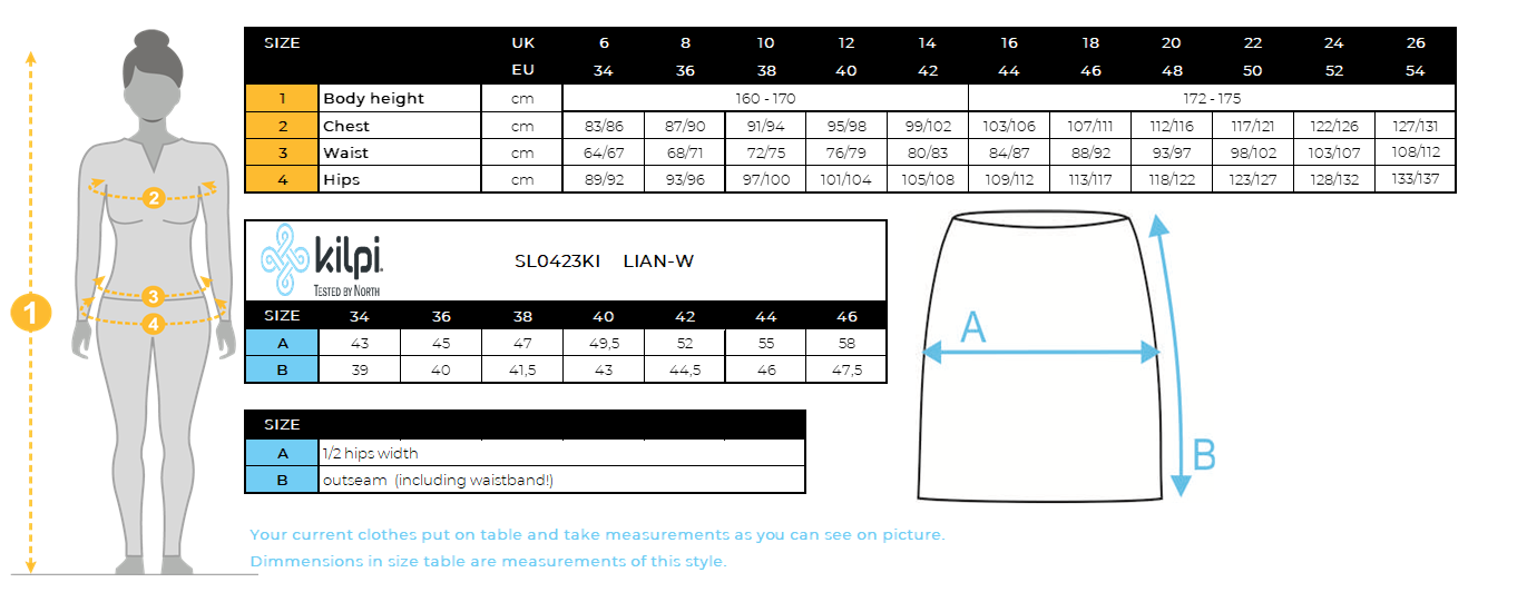Women's insulated skirt Kilpi LIAN-W – Size chart