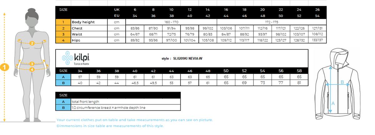 DONNALa felpa isolante di Kilpi NEVIA-W – Size chart
