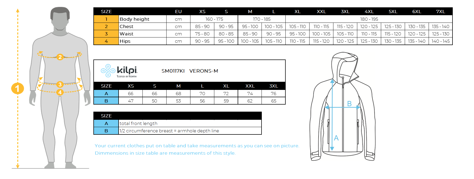 Men's insulated jacket Kilpi VERONS-M – Size chart