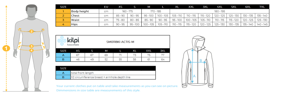 Giacca isolante da uomo Kilpi ACTIS-M – Size chart