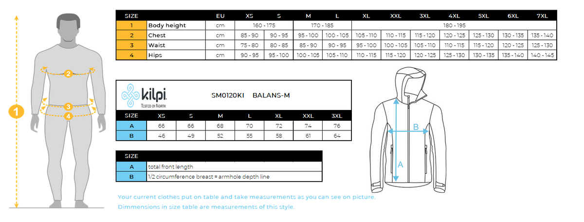 Men´s softshell running jacket Kilpi BALANS-M – Size chart