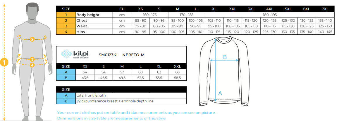 UOMOLa giacca da ciclismo softshell di Kilpi NERETO-M – Size chart