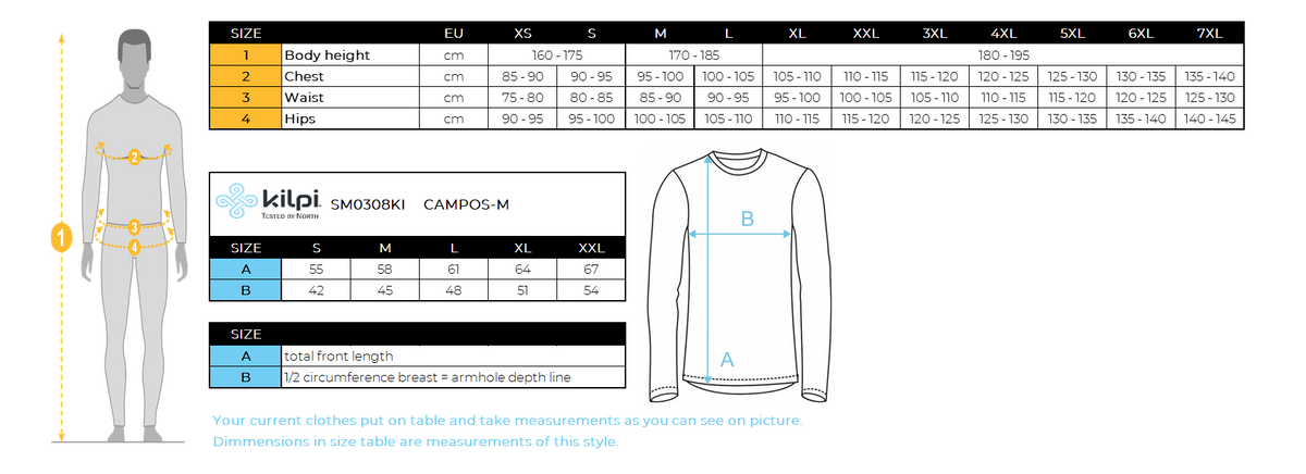 Men's cycling long sleeve jersey Kilpi CAMPOS-M – Size chart