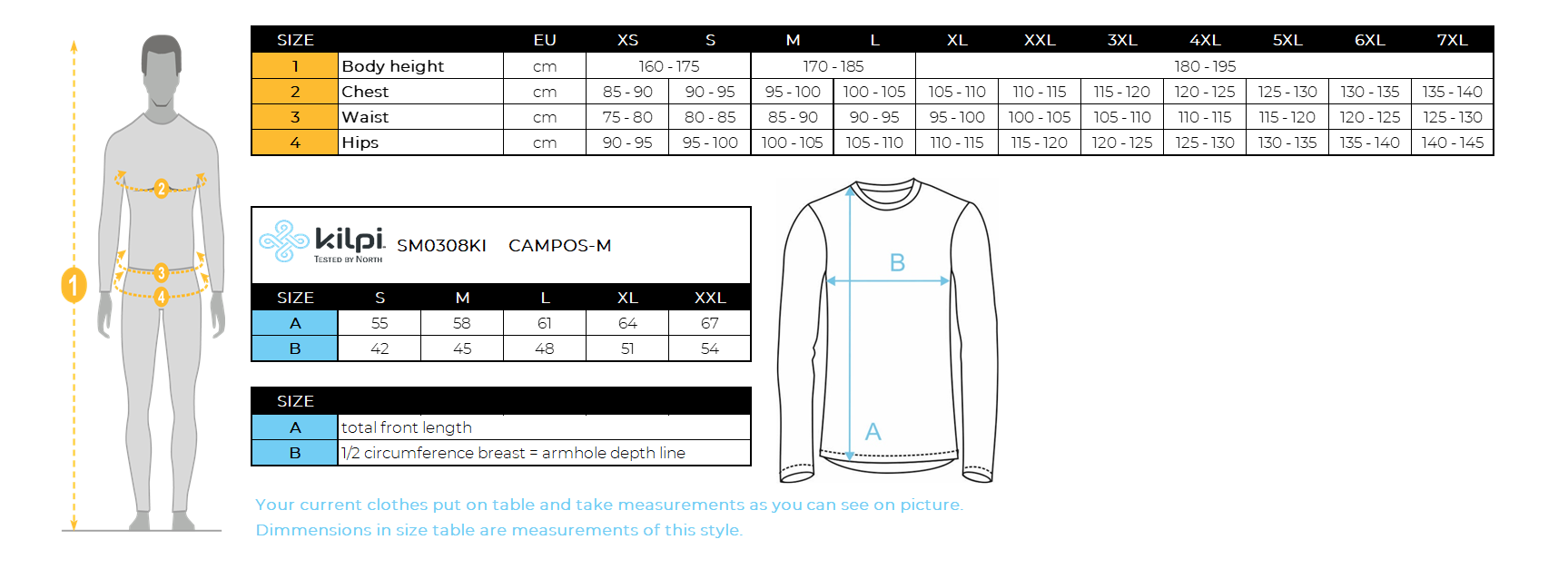 Men's cycling long sleeve jersey Kilpi CAMPOS-M – Size chart