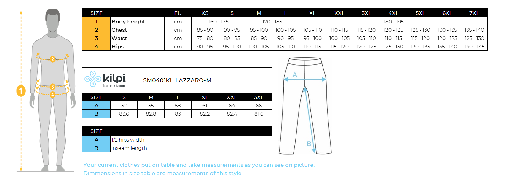UOMOi pantaloni da sci impermeabili di Kilpi LAZZARO-M – Size chart