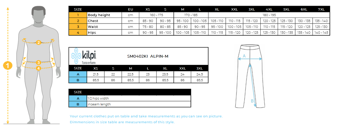 Pantaloni impermeabili da esterno da uomo Kilpi ALPIN-M – Size chart