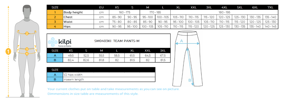 Men's ski pants Kilpi TEAM PANTS-M – Size chart