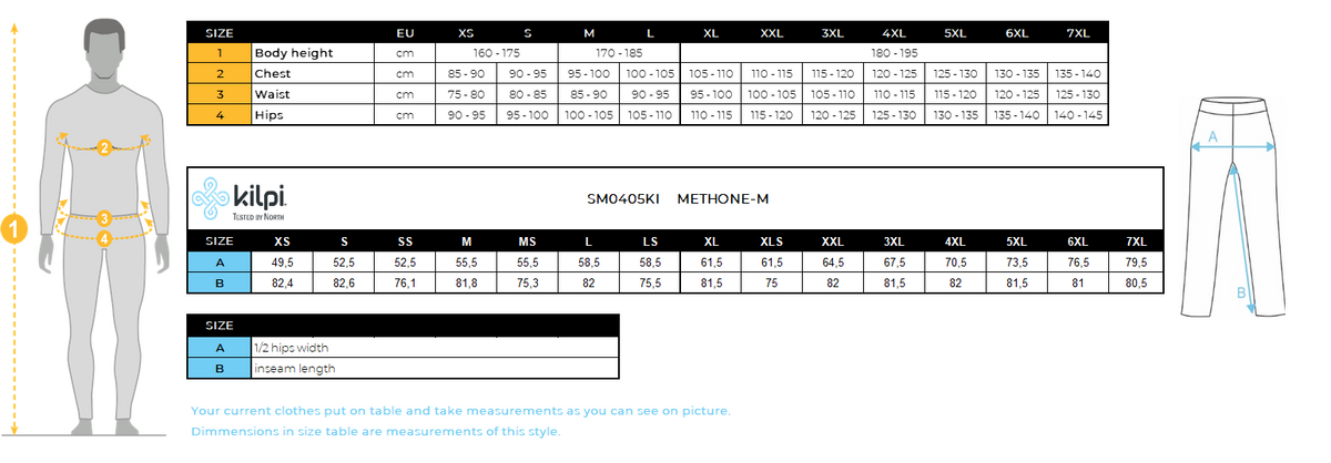Men's ski pants Kilpi METHONE-M – Size chart