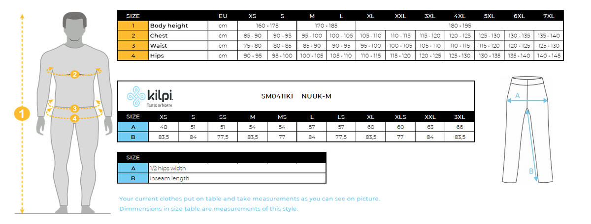 Men's outdoor pants Kilpi NUUK-M – Size chart