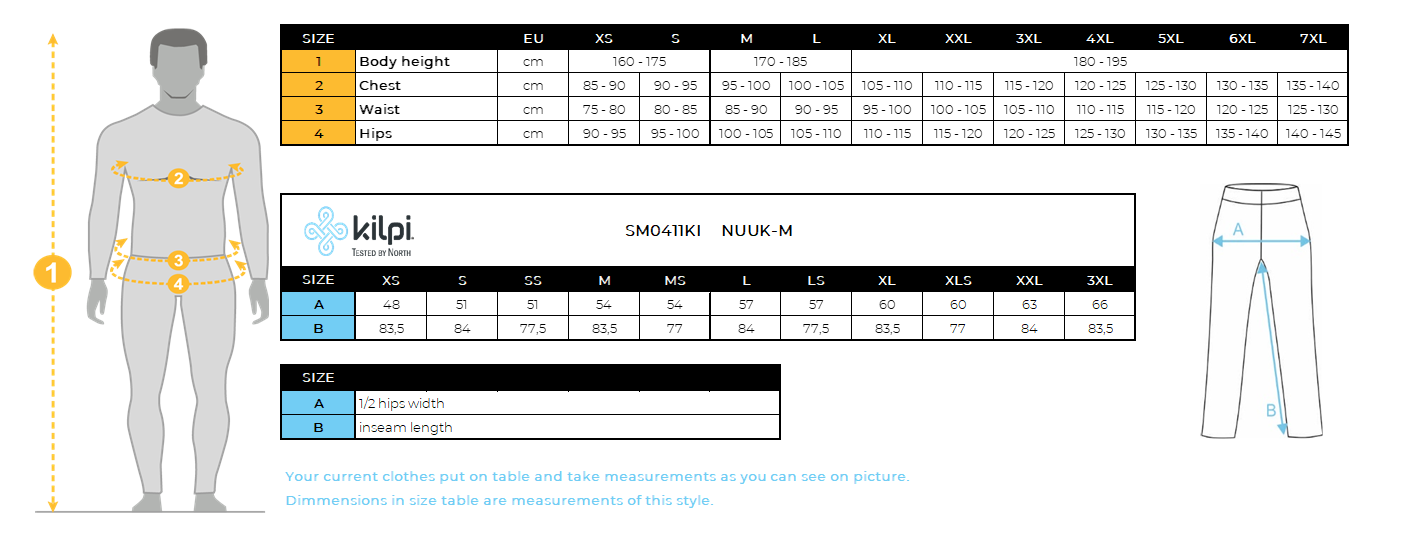 Men's outdoor pants Kilpi NUUK-M – Size chart