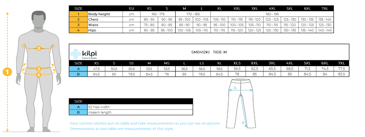 UOMOi pantaloni da esterno Kilpi TIDE-M – Size chart