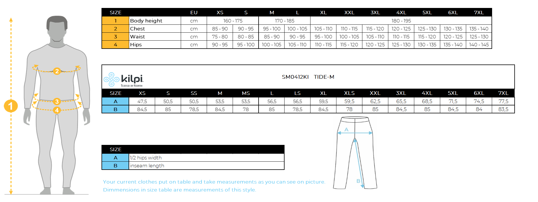 UOMOi pantaloni da esterno Kilpi TIDE-M – Size chart