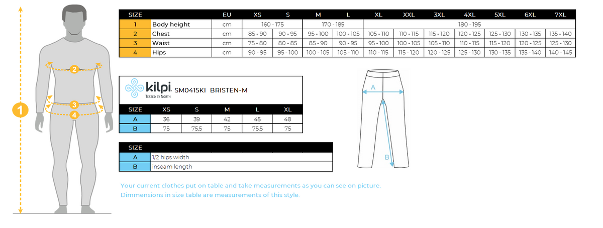 UOMOi pantaloni da sci alpinismo Kilpi BRISTEN-M – Size chart