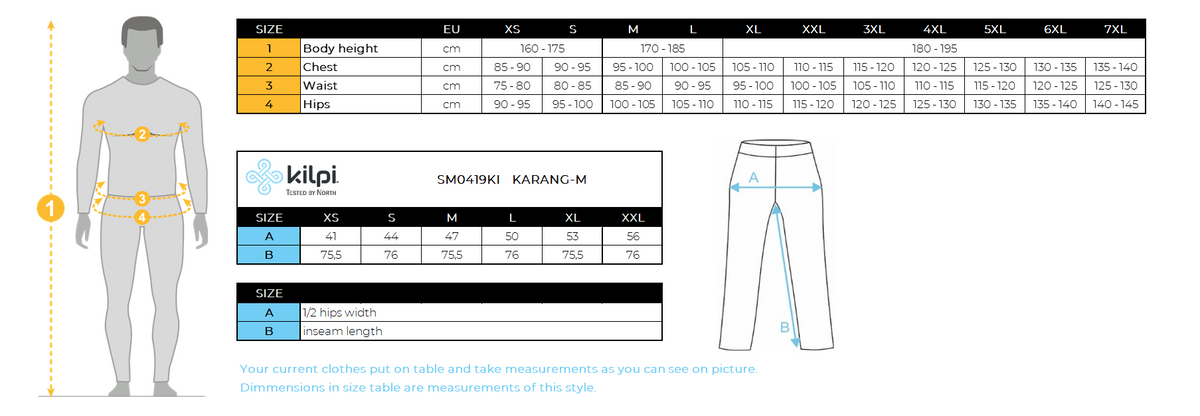 Men's cross country leggings Kilpi KARANG-M – Size chart