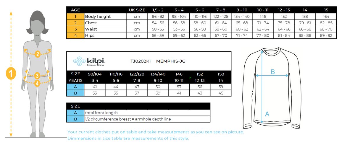 Felpa tecnica da ragazza Kilpi MEMPHIS-JG – Size chart