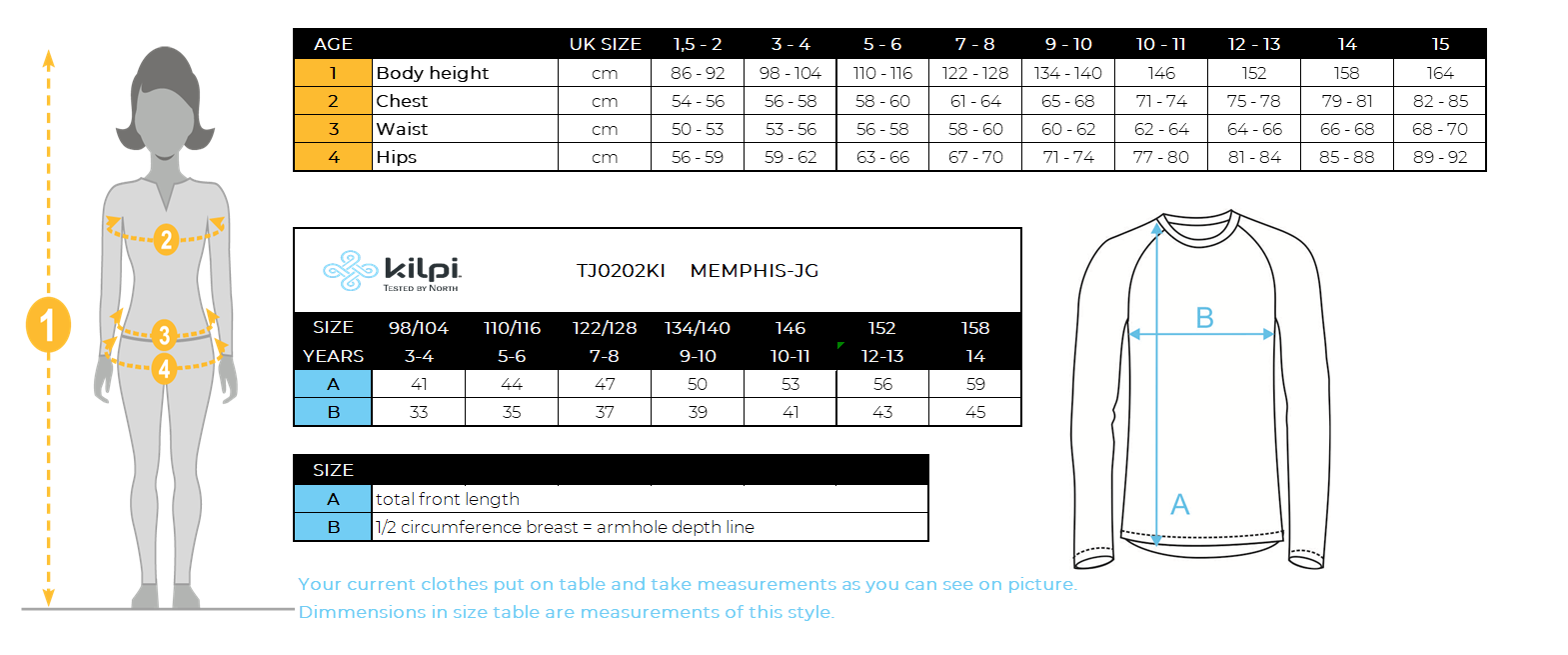 Felpa tecnica da ragazza Kilpi MEMPHIS-JG – Size chart