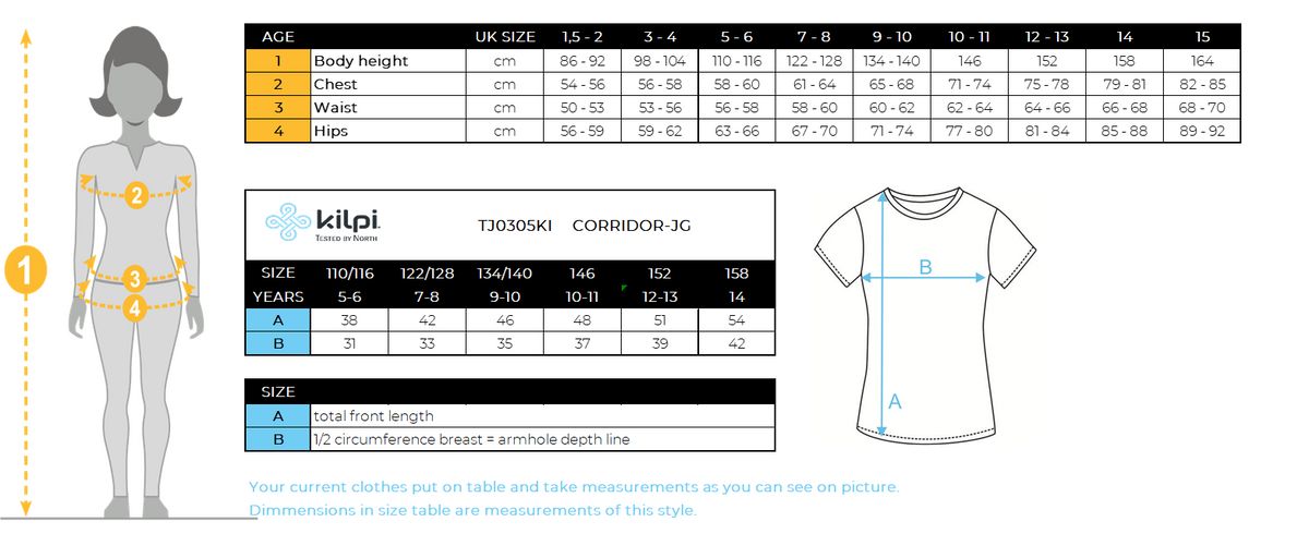 Girl's cycling jersey Kilpi CORRIDOR-JG – Size chart
