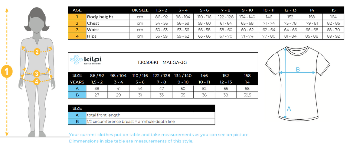 Maglietta da ragazza Kilpi MALGA-JG – Size chart