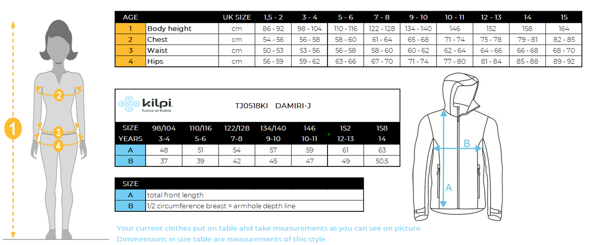 Giacca impermeabile da bambino Kilpi DAMIRI-J – Size chart