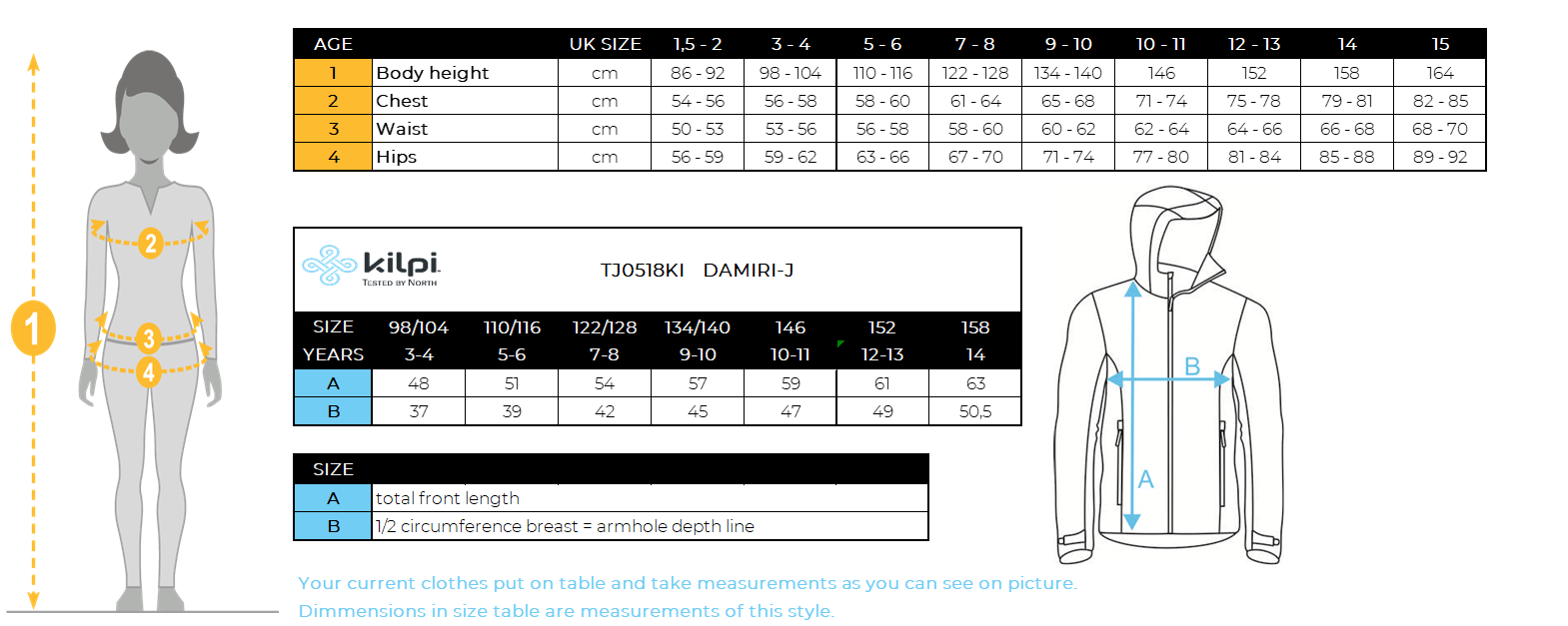 Giacca impermeabile da bambino Kilpi DAMIRI-J – Size chart