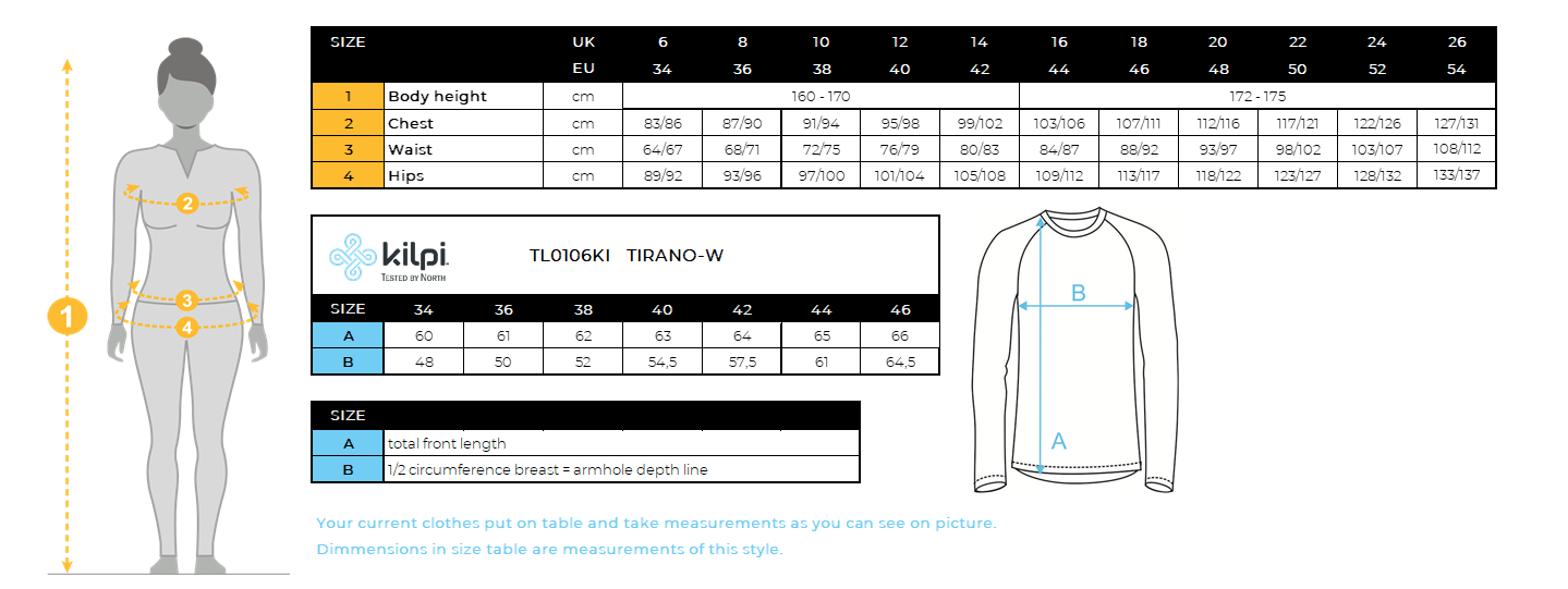 Women's light running jacket Kilpi TIRANO-W – Size chart