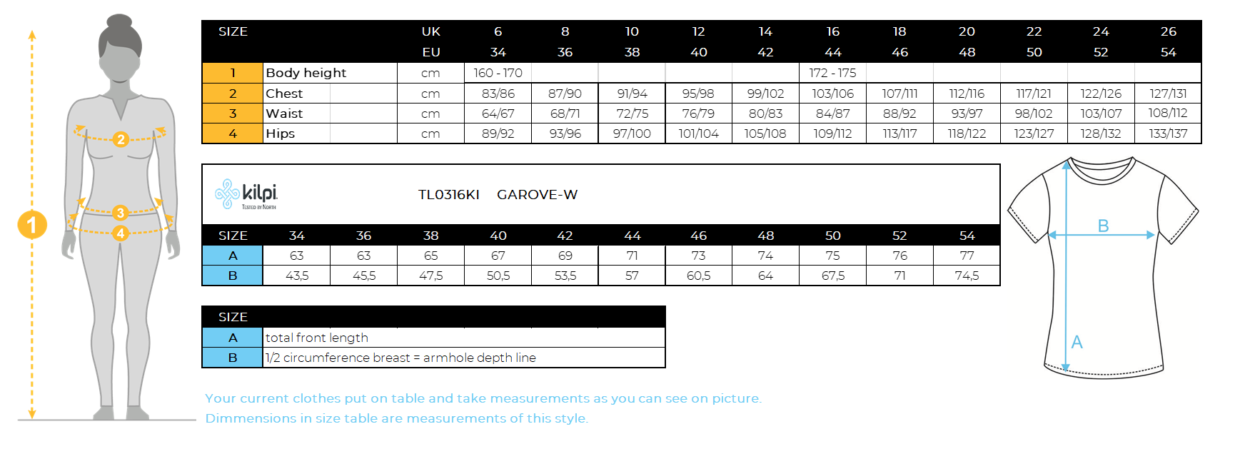 Women's technical T-shirt Kilpi GAROVE-W – Size chart
