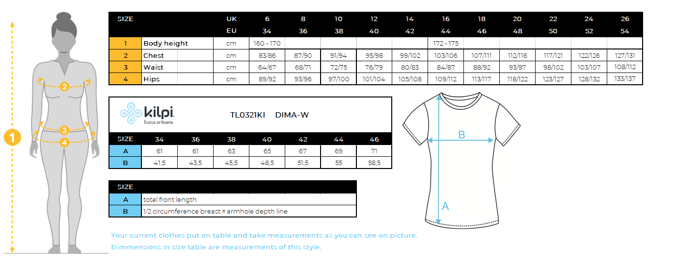 Women's running T-shirt Kilpi DIMA-W – Size chart