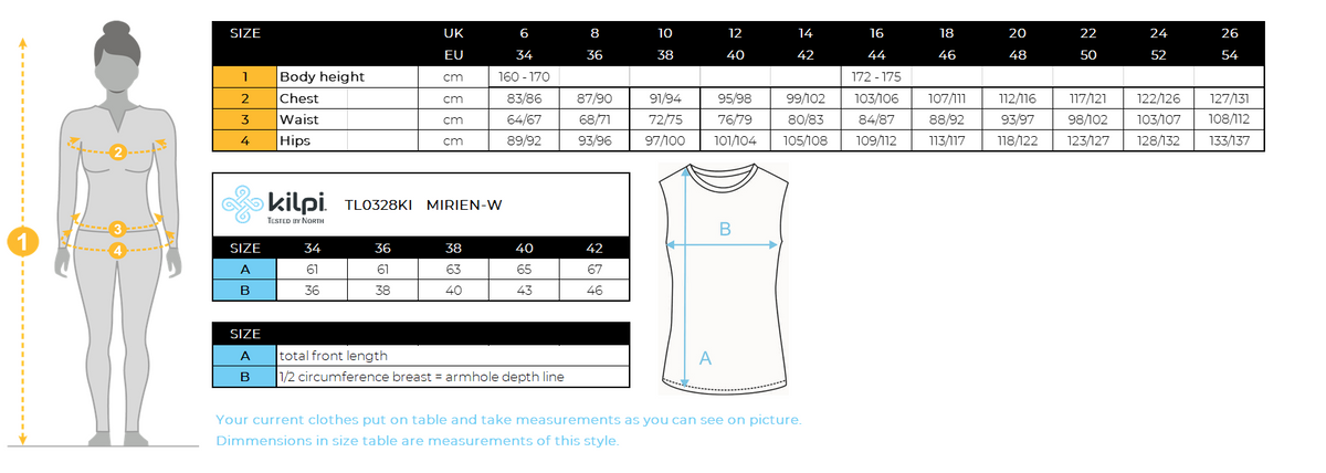Women's merino top Kilpi MIRIEN-W – Size chart