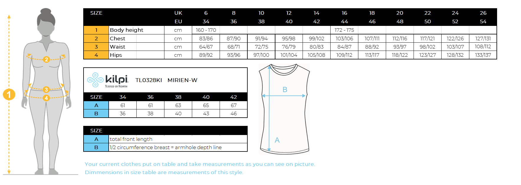 Women's merino top Kilpi MIRIEN-W – Size chart