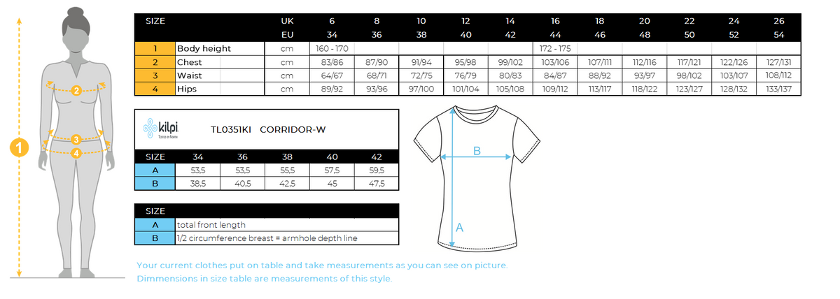Women's cycling jersey Kilpi CORRIDOR-W – Size chart