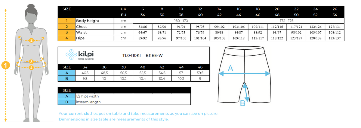 Pantaloncini da esterno da donna Kilpi BREE-W – Size chart