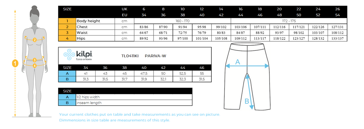 Women's jeans shorts Kilpi PARIVA-W – Size chart