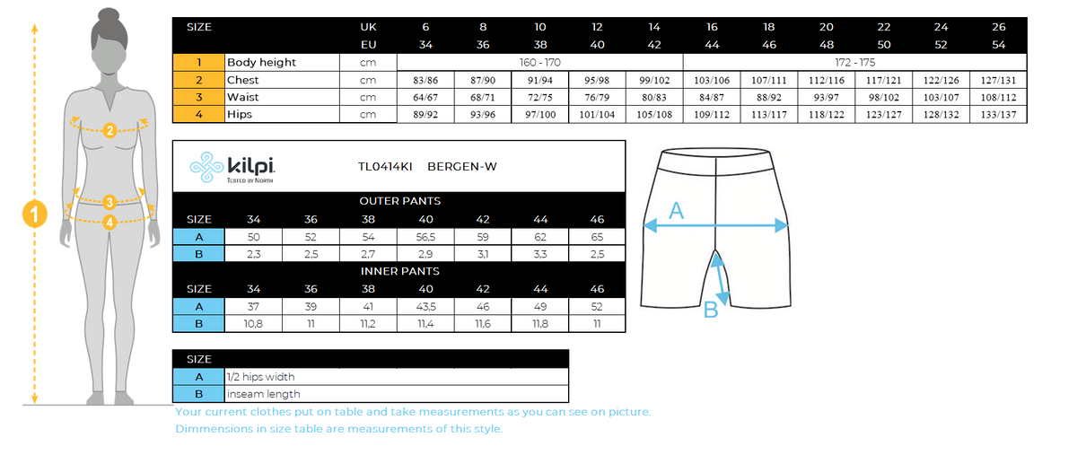 Women´s running shorts Kilpi BERGEN-W – Size chart