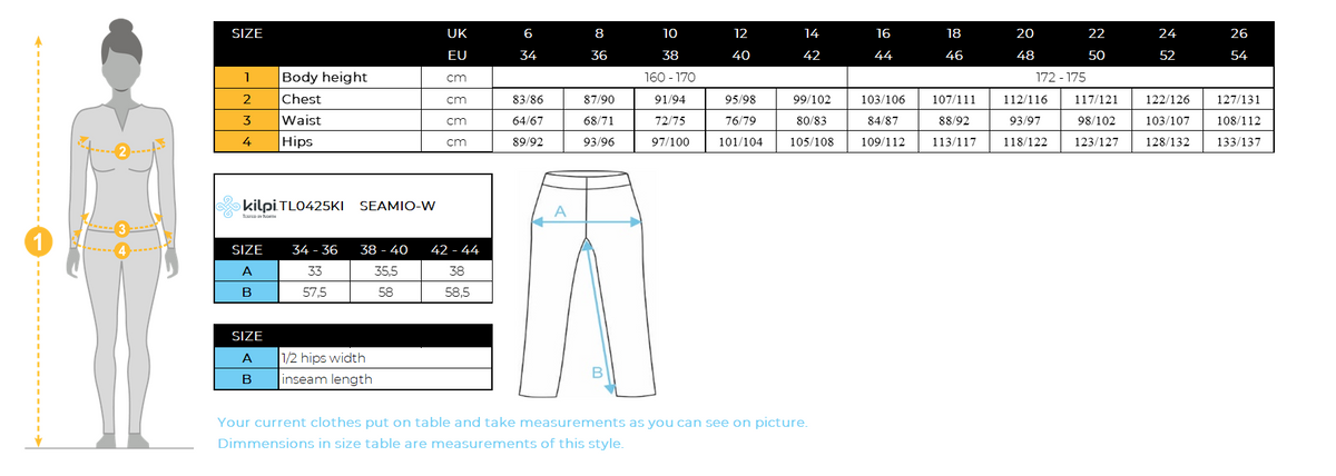 Women's seamless leggines Kilpi SEAMIO-W – Size chart