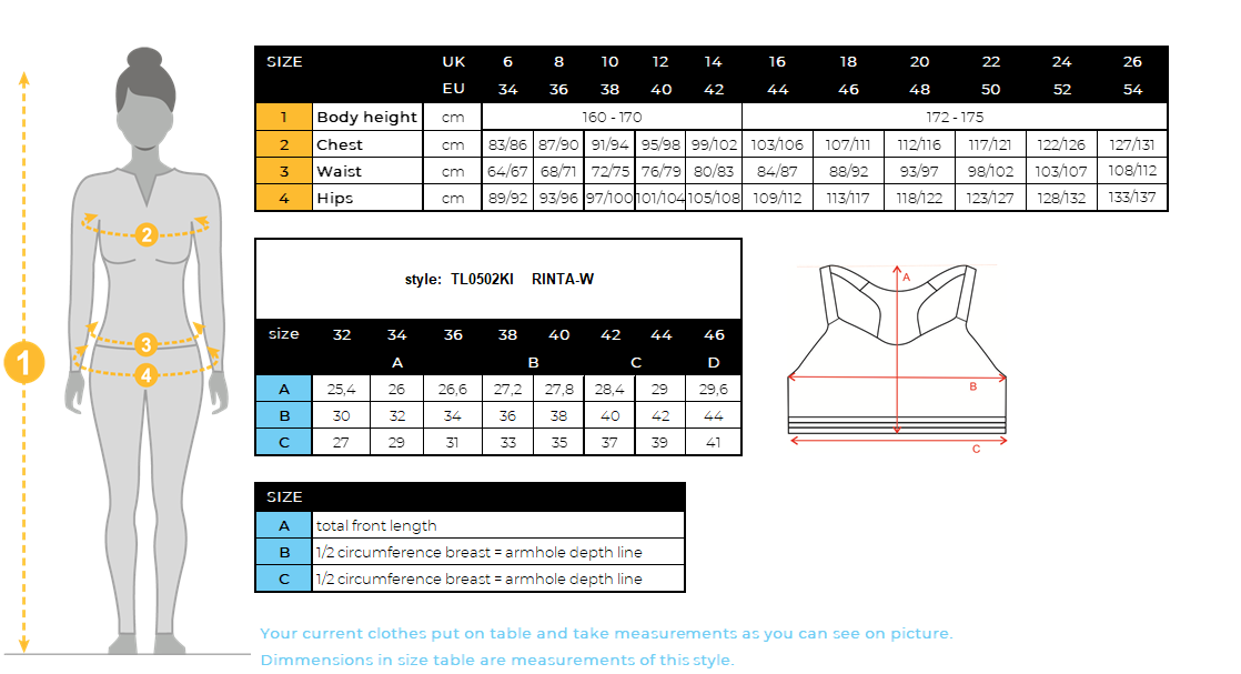 Women's sports bra Kilpi RINTA-W – Size chart