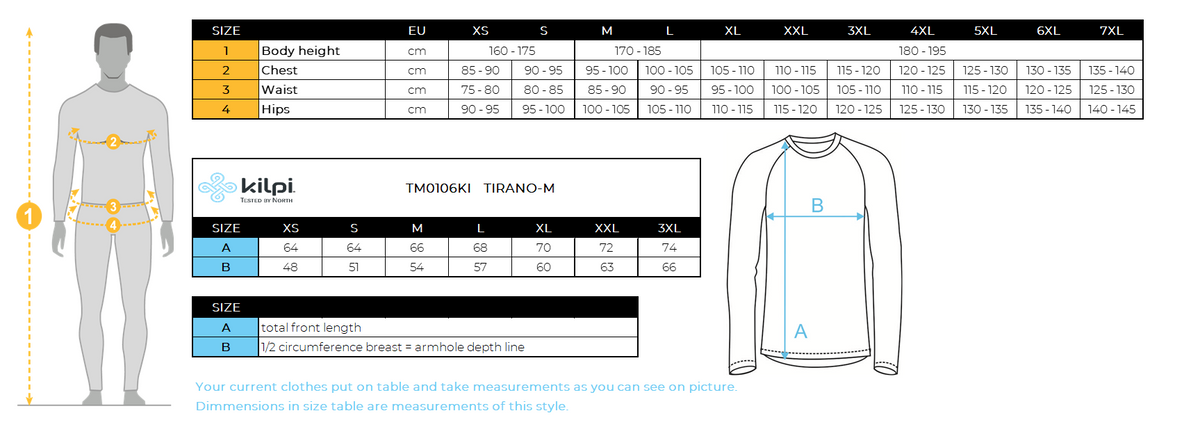 UOMOla giacca da corsa leggera di Kilpi TIRANO-M – Size chart