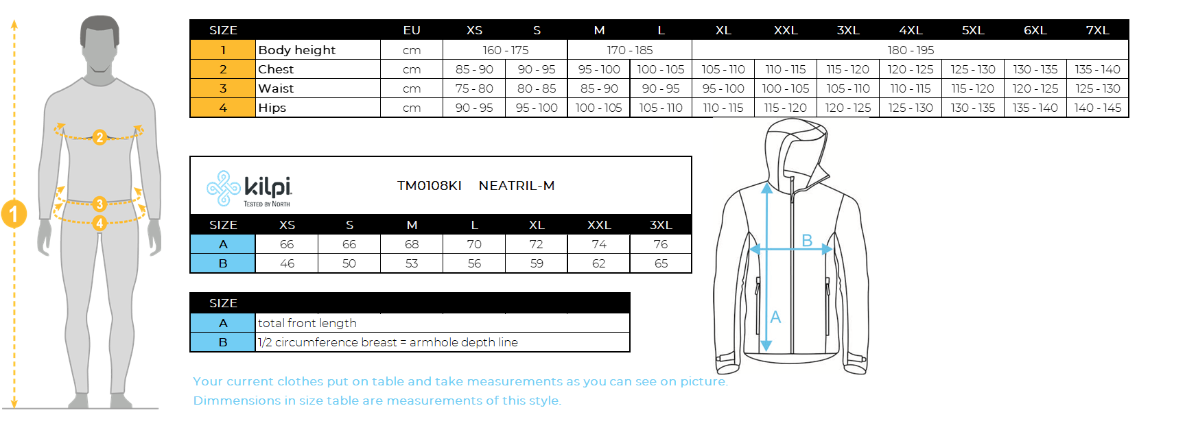 Men's running jacket Kilpi NEATRIL-M – Size chart