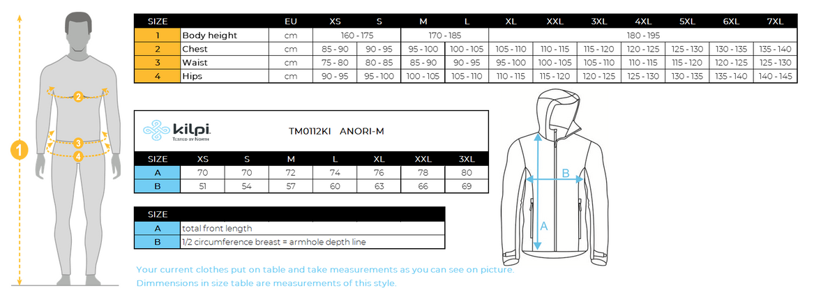 UOMOla giacca a vento leggera di Kilpi ANORI-M – Size chart