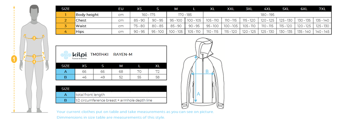 UOMOla giacca ibrida di Kilpi RAYEN-M – Size chart