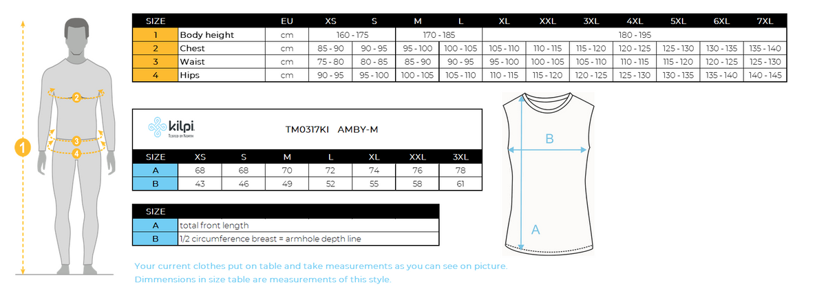 Men's running top Kilpi AMBY-M – Size chart