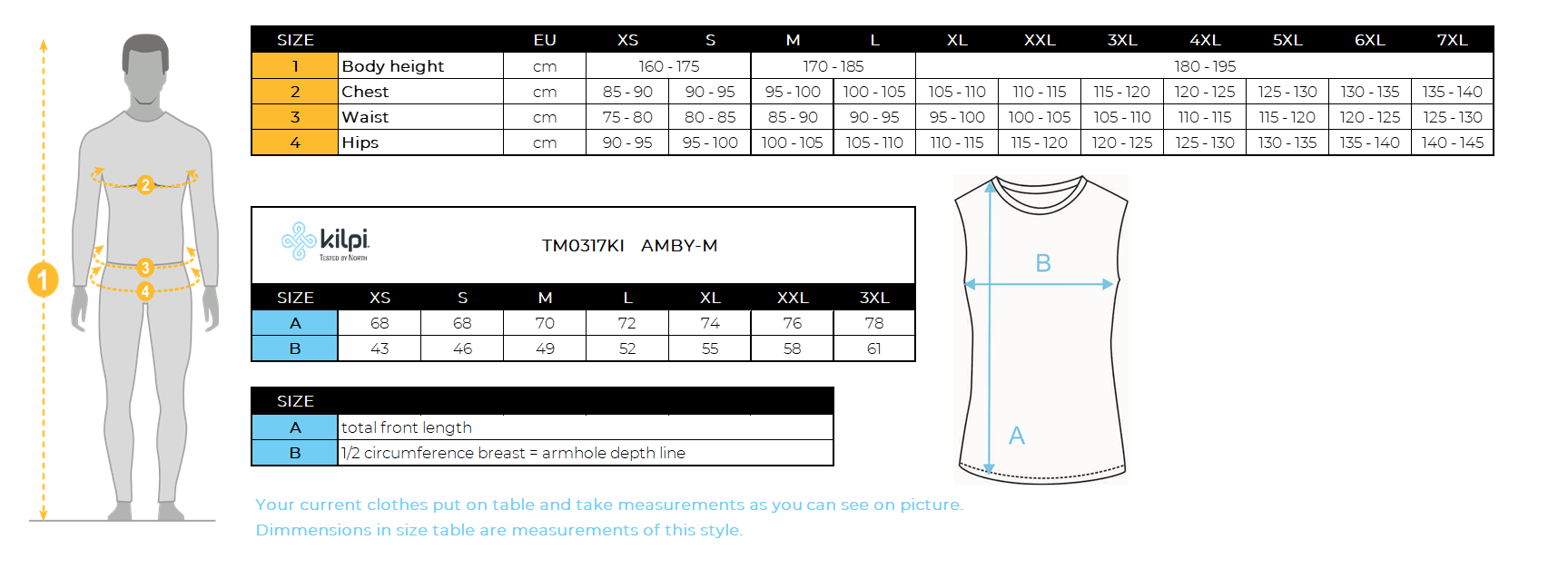 Men's running top Kilpi AMBY-M – Size chart