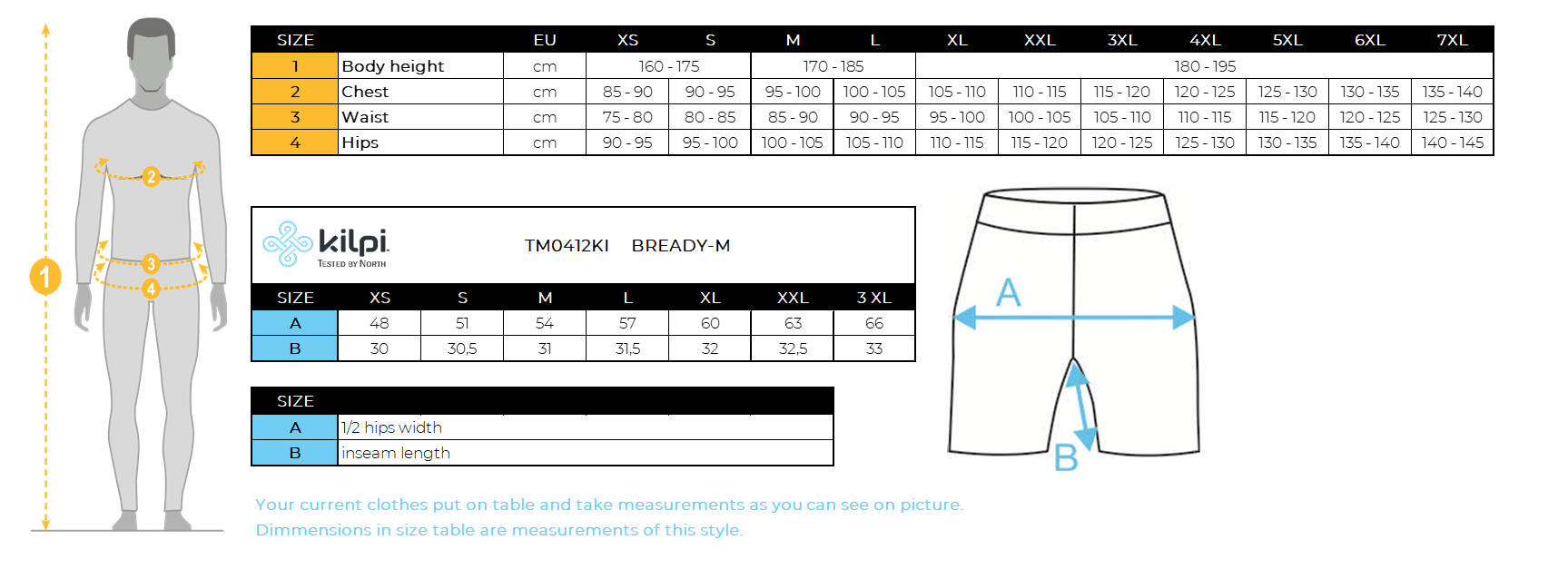 UOMOi pantaloncini da esterno Kilpi BREADY-M – Size chart