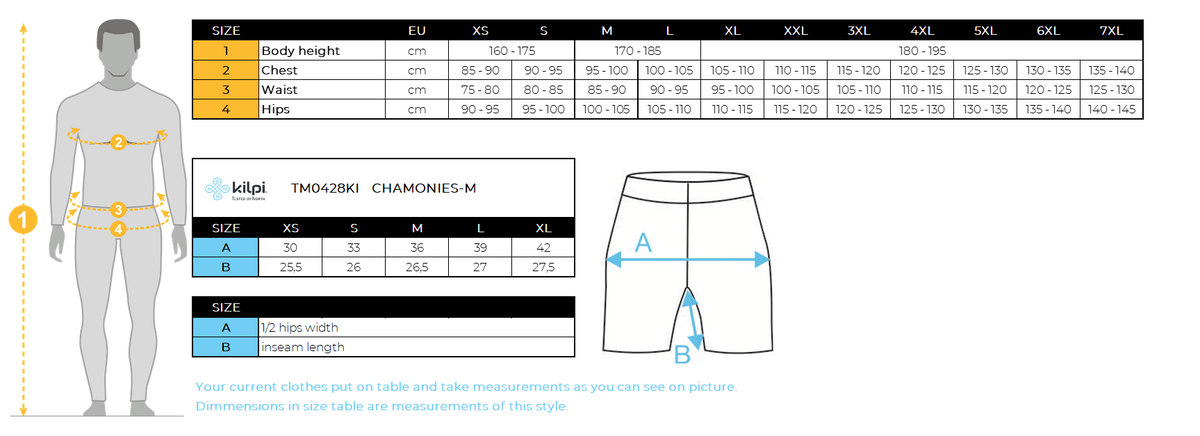 Men's compress running shorts Kilpi CHAMONIES-M – Size chart