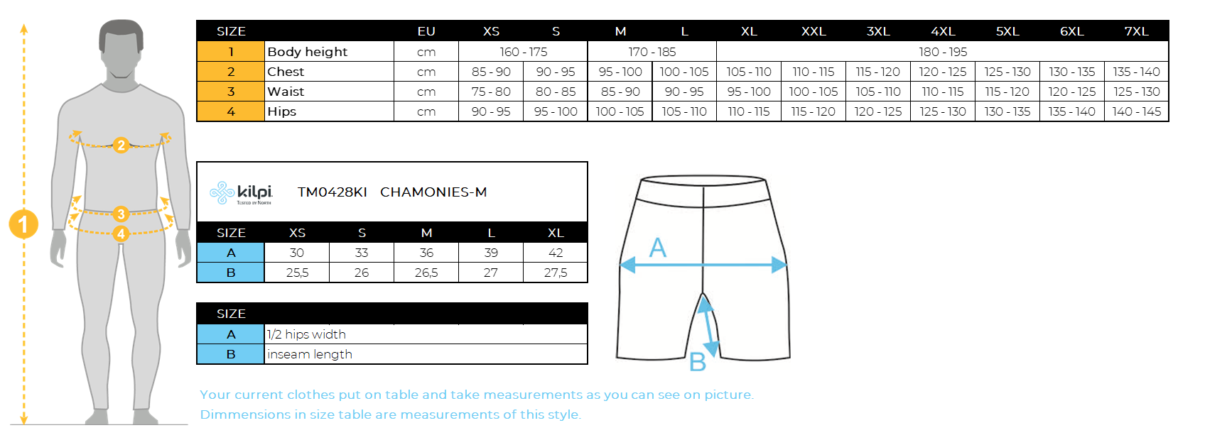 Men's compress running shorts Kilpi CHAMONIES-M – Size chart