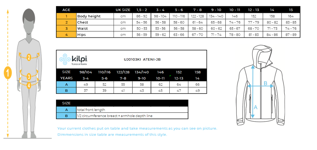 Giacca da sci da ragazzo Kilpi ATENI-JB – Size chart