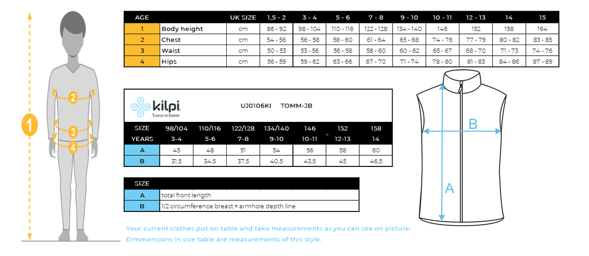 Gilet isolante da ragazzo Kilpi TOMM-JB – Size chart