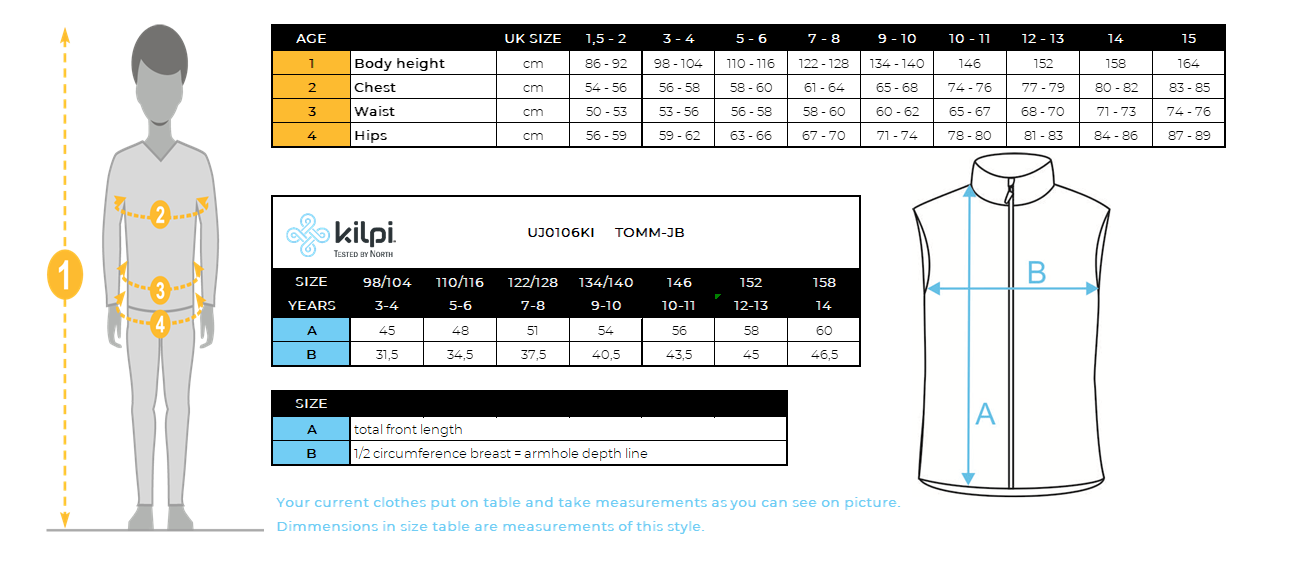 Gilet isolante da ragazzo Kilpi TOMM-JB – Size chart