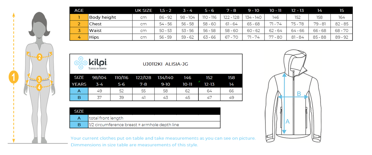 Girl's ski jacket Kilpi ALISIA-JG – Size chart