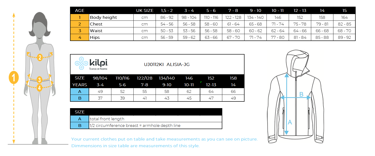 Girl's ski jacket Kilpi ALISIA-JG – Size chart
